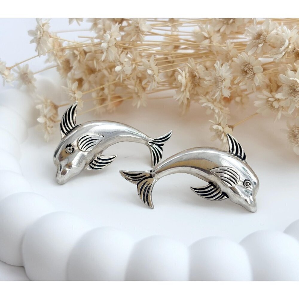 Dolphin Figural Silver Toned Vintage 3 Dimensional XL Nautical Stud Earrings